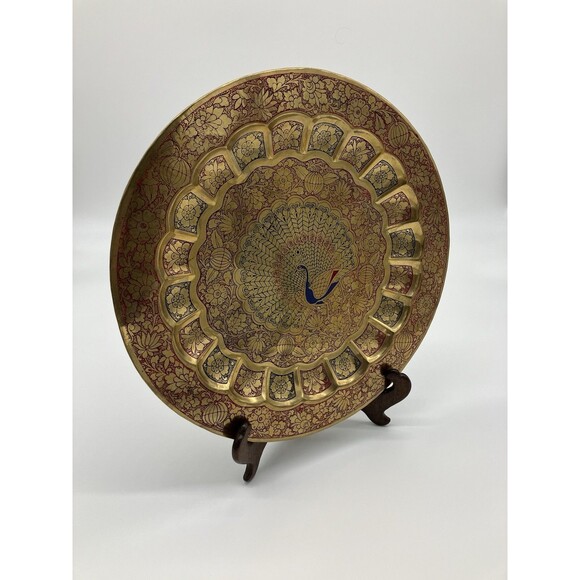 Vtg. Indian Brass Peacock Tray/ Wall Decor Ornate Embossed Gold Boho Maximalist - Picture 1 of 10